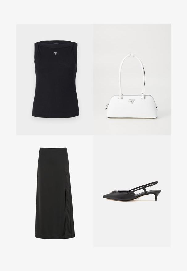 Top negro sin mangas de algodón, con escote barco y un pequeño logo triangular de cristal en el pecho. Textura suave.; Falda midi negra hecha de una tela suave, con una abertura lateral y una silueta recta con un brillo sutil. Dobladillo a medida.; Zapatos slingback negros con punta afilada, hechos de material suave, con un pequeño tacón y un acento decorativo plateado en el empeine.; Bolso de cuero blanco con forma curva, que presenta un logo triangular plateado y cierre de cremallera. Textura lisa y dos asas.