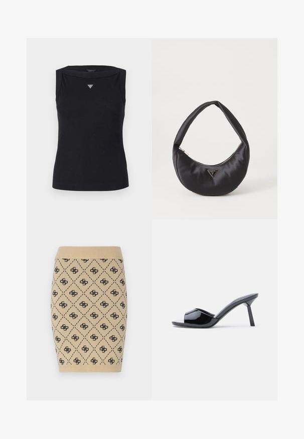 Sort ærmeløs top lavet af bomuld, med bådudskæring og et lille krystal trekantlogo på brystet. Glat tekstur.; Strikket beige blyantskørt med et diamantmønster og gentagne sorte logoakcenter, med en ribbet talje for ekstra tekstur.; Sorte laklæder sandaletter med åben tå, der har et buet overdesign og en spids stilethæl. Glat, blank finish.; Sort satin håndtaske med en buet form, der har en lynlåslukning og et trekantet logo i metal på forsiden. Glat tekstur og slankt design.