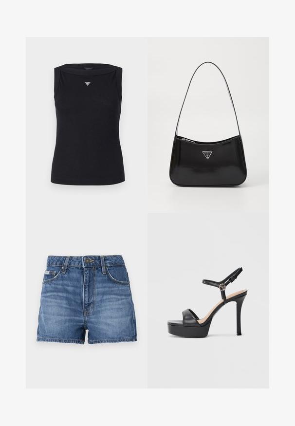 Zwarte mouwloze top van katoen, met een boot hals en een klein kristallen driehoekig logo op de borst. Glad materiaal.; Denim shorts in medium blue, met een vijf-pocket ontwerp, riemlussen en een gefranjerde zoom. Standaard knoop- en ritssluiting.; Zwarte platformsandalen met een hoge naaldhak, voorzien van een glad leren bovenkant, een peep-toe ontwerp en een verstelbare enkelriem met beslag.; Zwarte lakleren schoudertas met een gebogen vorm, voorzien van een zilveren driehoeklogo en een ritssluiting. Gladde textuur en slanke schouderband.