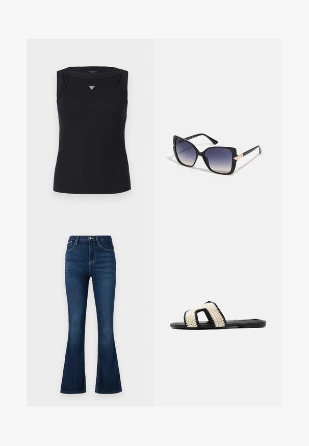 Débardeur noir sans manches en coton, avec un col bateau et un petit logo triangulaire en cristal sur la poitrine. Texture lisse.; Jean flair taille haute en denim foncé. Dispose d'une fermeture à bouton et à glissière à l'avant, de passants de ceinture et d'une texture légèrement déchirée.; Sandale plate noire avec une large bride crème en crochet présentant une grande découpe et un bord noir.; Lunettes de soleil noires surdimensionnées avec des verres dégradés, présentant une texture lisse et des accents en métal doré sur les branches. Design de monture carrée.
