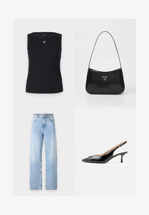 Sort ærmeløs top lavet af bomuld, med bådudskæring og et lille krystal trekantlogo på brystet. Glat tekstur.; Lysblå vide jeans lavet af denim, med højt liv, forlommer og en kædebælteaccent. Glat tekstur med let falming.; Sort patentlæder slingback hæl med spids tå, lille kitten hæl og sølvspænde på en ensartet hvid baggrund.; Sort patenteret læder skuldertaske med en buet form, prydet med et sølvfarvet trekantet logo og en lynlås-lukning. Glat tekstur og slank rem.