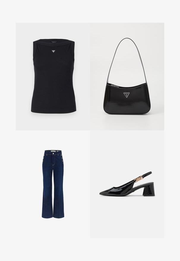 Sort ærmeløs top lavet af bomuld, med bådudskæring og et lille krystal trekantlogo på brystet. Glat tekstur.; Mørkeblå bredbenede jeans med høj talje, der har knapdetaljer på siderne og en glat denimtekstur.; Sorte patentlæder slingback pumps med spidse tæer og guldfarvet hardware på remmen, med en blokhælhøjder. Glat tekstur.; Sort patenteret læder skuldertaske med en buet form, prydet med et sølvfarvet trekantet logo og en lynlås-lukning. Glat tekstur og slank rem.