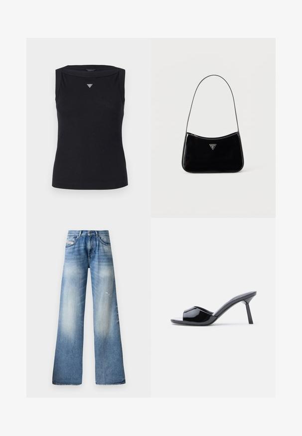 Mustapaita ilman hihoja, valmistettu puuvillasta, jossa on laivakaula-aukko ja pieni kristallinen kolmio-logo rinnassa. Sileä pinta.; Vaaleansiniset leveälahkeiset farkut denim-materiaalista, joissa on haalistunut pesu, lievää kulutusta, klassinen viisi-taskumalli ja nappisuljenta.; Musta kiiltävä patenttinahasta valmistettu avokärkinen korkokenkä, jossa on käyrä yläosa ja kapeneva piikkikorko. Sileä kiiltävä pinta.; Musta kiiltävänahkainen olkalaukku ohuella hihnalla, edessä kolmiomainen Guess-logo ja yläreunassa vetoketjusuljenta.