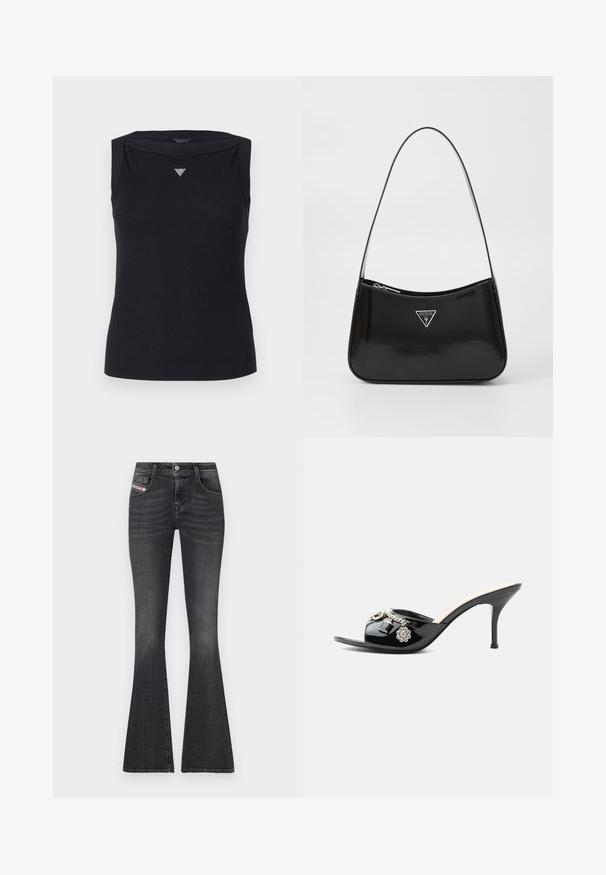 Top negro sin mangas de algodón, con escote barco y un pequeño logo triangular de cristal en el pecho. Textura suave.; Jeans de denim gris oscuro con corte acampanado, cintura alta, diseño de cinco bolsillos, herrajes plateados y un desvanecimiento sutil. Presenta una etiqueta de marca en el lateral.; Mule de charol negro de tacón alto con punta abierta y adornos decorativos plateados, incluyendo una flor y un candado en la tira delantera.; Bolso de hombro de charol negro con forma curva, que presenta un logotipo triangular plateado y un cierre de cremallera. Textura suave y correa delgada.