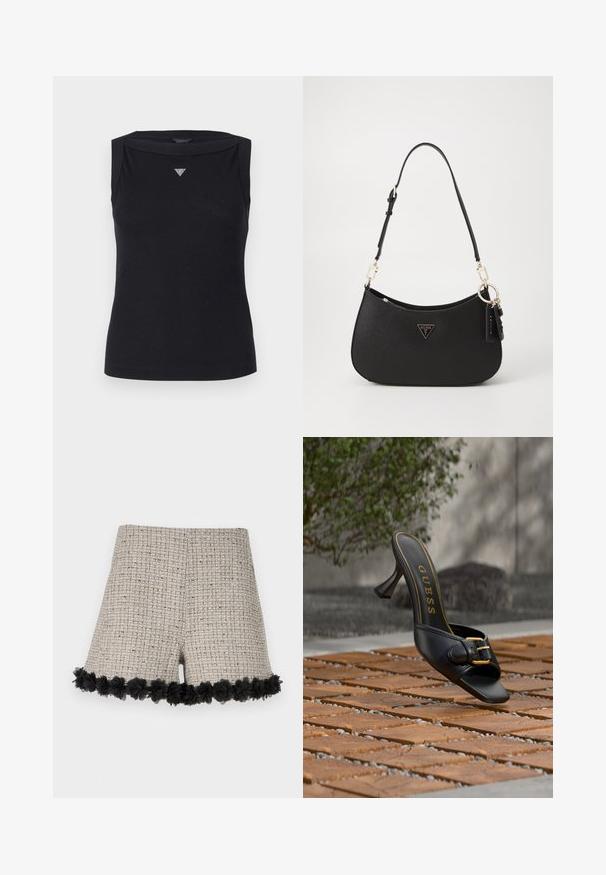 Must reie avatud õlavartega must särk, mis on valmistatud puuvillast. Särgil on vene stiilis kaelus ja rinnal väike kristallne kolmnurkne logo. Sile tekstuur.; Beige tweed lühikesed püksid, millel on tekstureeritud muster ja must lilleline ääris allservas. Kujundus sisaldab kokkuvõttes kohandatud lõiget.; Mustad kõrge kontsaga mule kuldse pannaliga ja siseküljel "GUESS" logo, paigutatud tekstuurse väliplaaditud põranda peale, kus ähmased roheluse taust.; Must musträkk kott musta sünteetilisest materjalist, kurvilise kujuga, kuldsete detailide ja kolmnurkse logoga. Varustatud lukuga ja reguleeritava rihmaga.