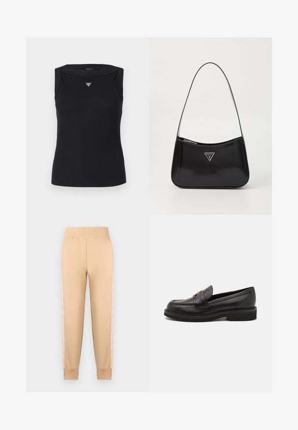 Top negro sin mangas de algodón, con escote barco y un pequeño logo triangular de cristal en el pecho. Textura suave.; Pantalones de chándal beige con una textura suave, que presentan un diseño tapered, cintura elástica y paneles laterales estampados.; Mocasines de cuero negro con puntera redondeada, detalles de costura, herrajes en tono dorado y una suela de goma texturizada baja. Acabado suave y elegante.; Bolso de hombro de charol negro con forma curva, que presenta un logotipo triangular plateado y un cierre de cremallera. Textura suave y correa delgada.