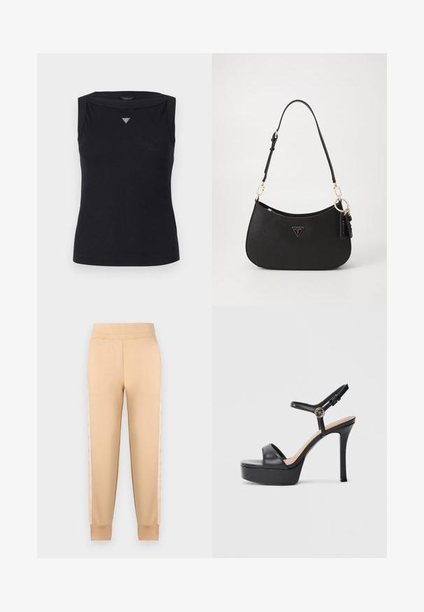Sort ærmeløs top lavet af bomuld, med bådudskæring og et lille krystal trekantlogo på brystet. Glat tekstur.; Beige sweatpants med en glat tekstur, der har et tapered design, elastisk talje og mønstrede sidelommer.; Sorte platformsandaler med høj stiletthæl, der har en glat læderoverdel, peep toe-design og en justerbar ankelrem med metalbeslag.; Sort syntetisk håndtaske med en buet form, guldfarvet hardware og et trekantet logo. Har lynlås lukning og en justerbar rem.