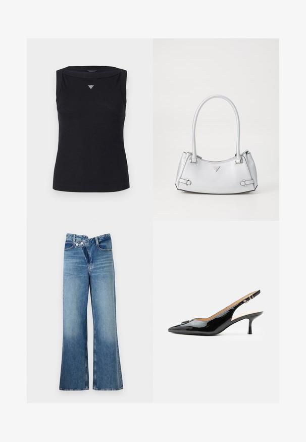 Sort ærmeløs top lavet af bomuld, med bådudskæring og et lille krystal trekantlogo på brystet. Glat tekstur.; Lysblå denim flared jeans med høj talje, der har to knapper og forlommer. Stoffet har en falmet struktur med subtile variationer.; Sort patentlæder slingback hæl med spids tå, lille kitten hæl og sølvspænde på en ensartet hvid baggrund.; Sølv håndtaske med et struktureret design, der har to håndtag, en skinnende overflade, accenthardware og et trekantet logo på fronten.