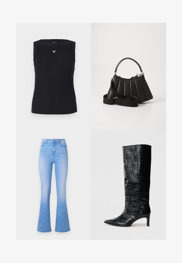 Sort ærmeløs top lavet af bomuld, med bådudskæring og et lille krystal trekantlogo på brystet. Glat tekstur.; Lyseblå flared jeans med høj talje, lavet af denim. Har en glat tekstur og en subtil falmende effekt mod kanten. Klassisk fem-lomme design.; Sorte knæhøje støvler med en blank, krokodillemønstret tekstur, spids tå og en affaset hæl. Glat syntetisk materiale.; Sort plisseret handbag med et rundet håndtag, justerbar rem og blank overflade. Har sølvfarvet hardware og en struktureret silhuet.