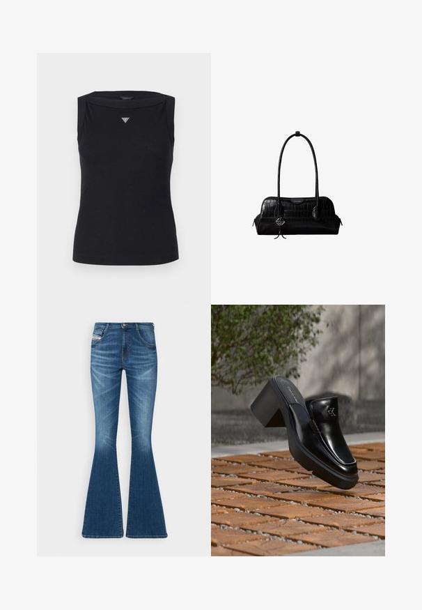 Zwarte mouwloze top van katoen, met een boot hals en een klein kristallen driehoekig logo op de borst. Glad materiaal.; Uitgebreide jeans in middelblauwe denim, met een hoge taille, vijf zakken en subtiele vervagingdetails op de dijen.; Zwarte leren Calvin Klein slip-on mule met blokhak rustend op houten tegels buiten, vlak bij een groene plant en een grijze muur.; Zwarte schoudertas van leer met krokodillenstructuur, lange banden en een klein zilveren logohanger aan één band.