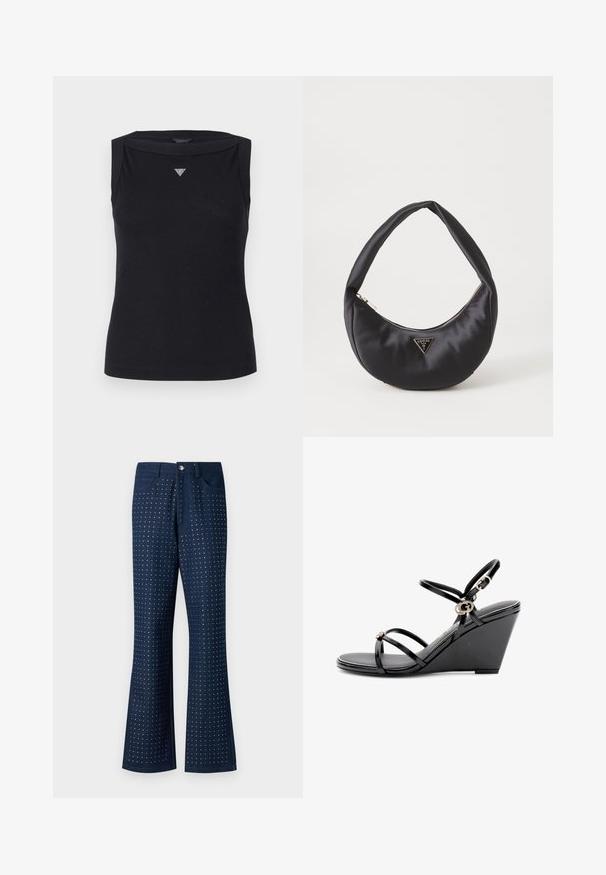 Sort ærmeløs top lavet af bomuld, med bådudskæring og et lille krystal trekantlogo på brystet. Glat tekstur.; Mørkeblå jeans med bredde i buksebenene, der har et prikket mønster over hele, fem lommer og knaplukning i metal. Fremstillet af denimstof.; Sort kile-sandal med tynde stropper og en lille guldbøjle på ankel- og tåstroppen.; Sort satin håndtaske med en buet form, der har en lynlåslukning og et trekantet logo i metal på forsiden. Glat tekstur og slankt design.