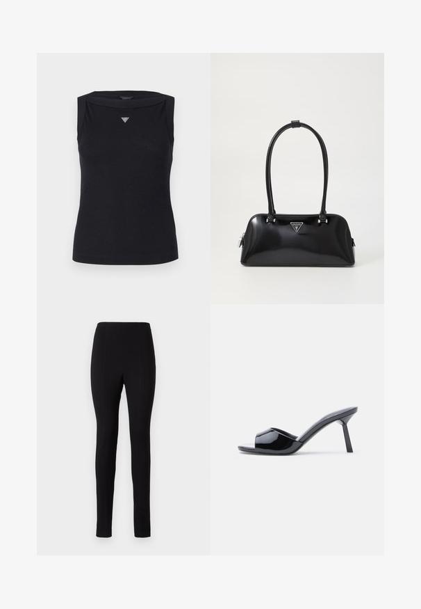 Sort ærmeløs top lavet af bomuld, med bådudskæring og et lille krystal trekantlogo på brystet. Glat tekstur.; Sorte leggings med en tætsiddende design, glat tekstur og lodrette syninger ned langs benene. Ingen synlige lommer eller udsmykninger.; Sorte laklæder sandaletter med åben tå, der har et buet overdesign og en spids stilethæl. Glat, blank finish.; Sort glanshandtaske med en buet silhuet, to håndtag og en frontlogo-plakette. Lynlås lukning og skinnende hardware-detaljer.