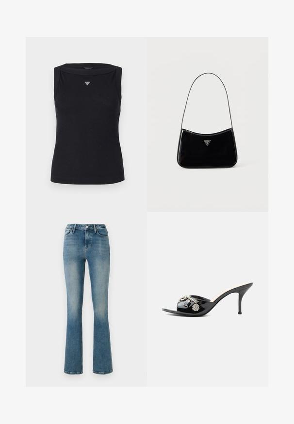 Sort ærmeløs top lavet af bomuld, med bådudskæring og et lille krystal trekantlogo på brystet. Glat tekstur.; Lys blå denim flared jeans med fem lommer, høj talje og sy detaljer. Stoffet viser en let falmet vask og en glat tekstur.; Sort laklæder højt hælet mule med åben tå og dekorative sølvcharme inklusive en blomst og hængelås på frontstroppen.; Sort skuldertaske i laklæder med tynd rem, trekantet Guess-logo foran og lynlåslukning i toppen.
