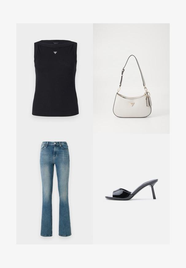 Sort ærmeløs top lavet af bomuld, med bådudskæring og et lille krystal trekantlogo på brystet. Glat tekstur.; Lys blå denim flared jeans med fem lommer, høj talje og sy detaljer. Stoffet viser en let falmet vask og en glat tekstur.; Sorte laklæder sandaletter med åben tå, der har et buet overdesign og en spids stilethæl. Glat, blank finish.; Hvid tekstureret håndtaske med en buet form, guldfarvet hardware, en aftagelig rem og et logo-akcent. Inkluderer en nøglekædetag med branding.