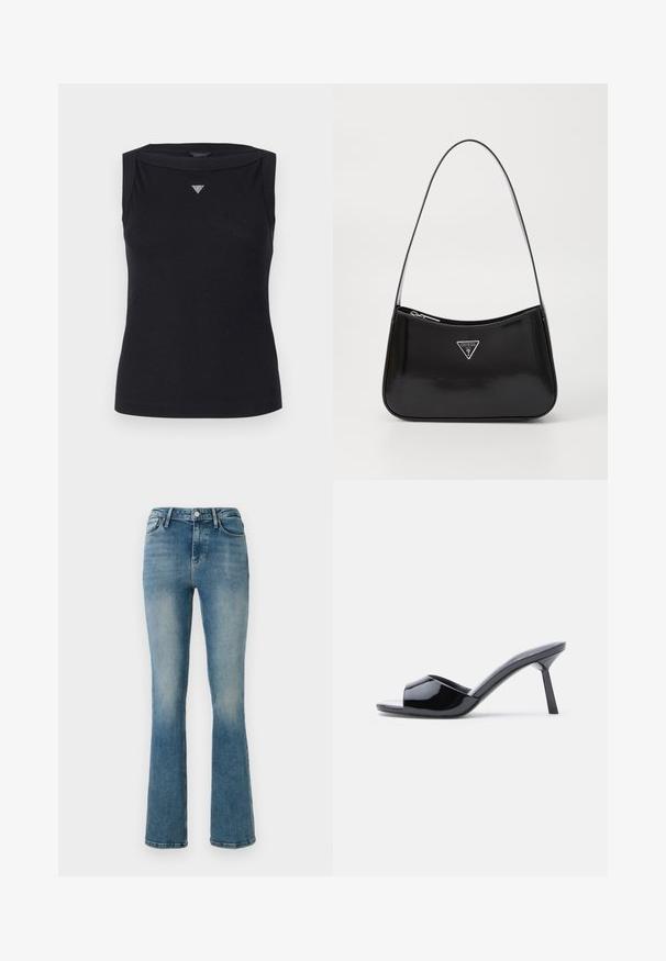 Sort ærmeløs top lavet af bomuld, med bådudskæring og et lille krystal trekantlogo på brystet. Glat tekstur.; Lys blå denim flared jeans med fem lommer, høj talje og sy detaljer. Stoffet viser en let falmet vask og en glat tekstur.; Sorte laklæder sandaletter med åben tå, der har et buet overdesign og en spids stilethæl. Glat, blank finish.; Sort patenteret læder skuldertaske med en buet form, prydet med et sølvfarvet trekantet logo og en lynlås-lukning. Glat tekstur og slank rem.