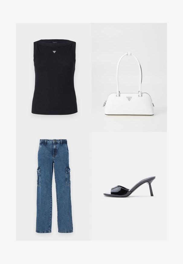 Zwarte mouwloze top van katoen, met een boot hals en een klein kristallen driehoekig logo op de borst. Glad materiaal.; Blauwe denim cargo broek met een ontspannen pasvorm, voorzien van twee zijzakken, versterkte stiksels en een recht gesneden ontwerp.; Zwarte lakleren open-teen sandalen met hak, met een gebogen bovenkant ontwerp en een taps toelopende naaldhak. Gladde glanzende afwerking.; Witte leren handtas met een gebogen vorm, voorzien van een zilveren driehoekig logo en ritssluiting. Gladde textuur en dubbele handvaten.