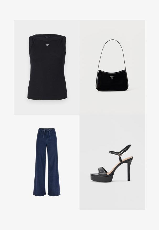 Débardeur noir sans manches en coton, avec un col bateau et un petit logo triangulaire en cristal sur la poitrine. Texture lisse.; Pantalon en denim à jambes larges, coloris indigo foncé. Doté d'une taille à cordon de serrage, de cinq poches, et d'une texture lisse. Design classique aux lignes épurées.; Sandales à plateforme noires avec un talon haut stilettos, dotées d'une tige en cuir lisse, d'un bout ouvert et d'une bride de cheville ajustable avec ferrures.; Sac à bandoulière en cuir verni noir avec une sangle fine, logo triangulaire Guess sur le devant et une fermeture éclair supérieure.