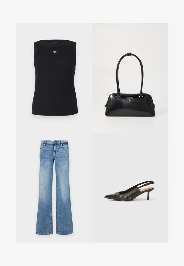 Sort ærmeløs top lavet af bomuld, med bådudskæring og et lille krystal trekantlogo på brystet. Glat tekstur.; Lyseblå flagrende jeans lavet af denim. Har en knaplukning, fem lommer og afslidt detaljer for et brugt udseende.; Sort slingback-pumpe i læder med spids tå, lille hæl og dekorative metalakcenter langs frontåbningen. Glat tekstur.; Sort glanshandtaske med en buet silhuet, to håndtag og en frontlogo-plakette. Lynlås lukning og skinnende hardware-detaljer.
