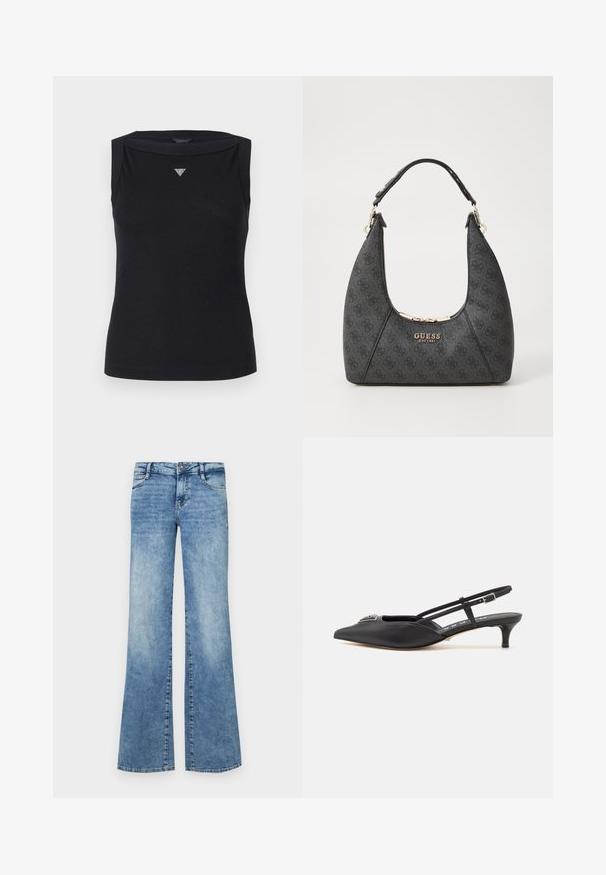 Sort ærmeløs top lavet af bomuld, med bådudskæring og et lille krystal trekantlogo på brystet. Glat tekstur.; Lyseblå flagrende jeans lavet af denim. Har en knaplukning, fem lommer og afslidt detaljer for et brugt udseende.; Sorte slingback-sko med spids tå, lavet af glat materiale, med en lille hæl og en dekorativ sølvaccent på vamps.; Sort skuldertaske med et buet design, lavet af tekstureret materiale. Har et guld logo og lynlås lukning, med en glat rem.