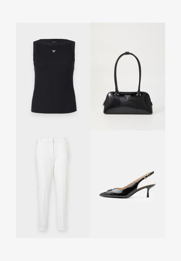 Débardeur noir sans manches en coton, avec un col bateau et un petit logo triangulaire en cristal sur la poitrine. Texture lisse.; Pantalons blancs adaptés avec une coupe slim, présentant une texture lisse, un devant plat et des passants de ceinture. Pas de poches visibles ni de quincaillerie proéminente.; Escarpin slingback en cuir verni noir avec bout pointu, petit talon kitten et bride à boucle argentée sur fond blanc uni.; Sac à main noir brillant avec une silhouette incurvée, deux poignées et une plaque logo à l'avant. Fermeture éclair et accents en matériel brillant.