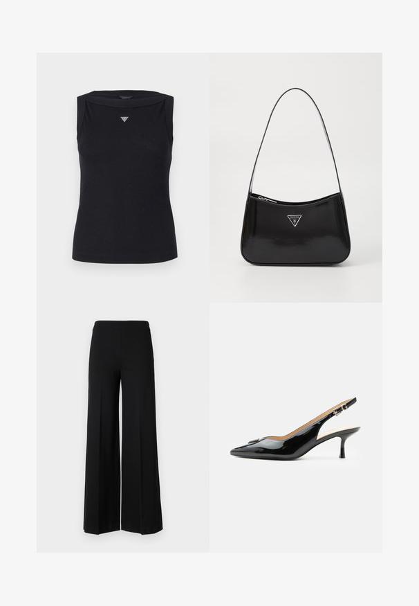Top negro sin mangas de algodón, con escote barco y un pequeño logo triangular de cristal en el pecho. Textura suave.; Pantalones de pierna ancha negros con una textura suave, que presentan una cinturilla alta y sin cierres visibles. Diseño simple y limpio.; Tacón slingback de charol negro con puntera puntiaguda, tacón pequeño tipo kitten y correa con hebilla plateada sobre un fondo blanco liso.; Bolso de hombro de charol negro con forma curva, que presenta un logotipo triangular plateado y un cierre de cremallera. Textura suave y correa delgada.