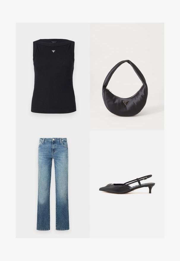 Débardeur noir sans manches en coton, avec un col bateau et un petit logo triangulaire en cristal sur la poitrine. Texture lisse.; Jean droit bleu clair en denim, avec un design à cinq poches et fermeture par bouton, présentant un léger délavage.; Chaussures noires à talon slingback avec un bout pointu, en matériau lisse, dotées d'un petit talon et d'un accent décoratif en argent sur le dessus.; Sac à main en satin noir avec une forme courbée, doté d'une fermeture à glissière et d'un logo triangulaire en métal à l'avant. Texture lisse et design épuré.