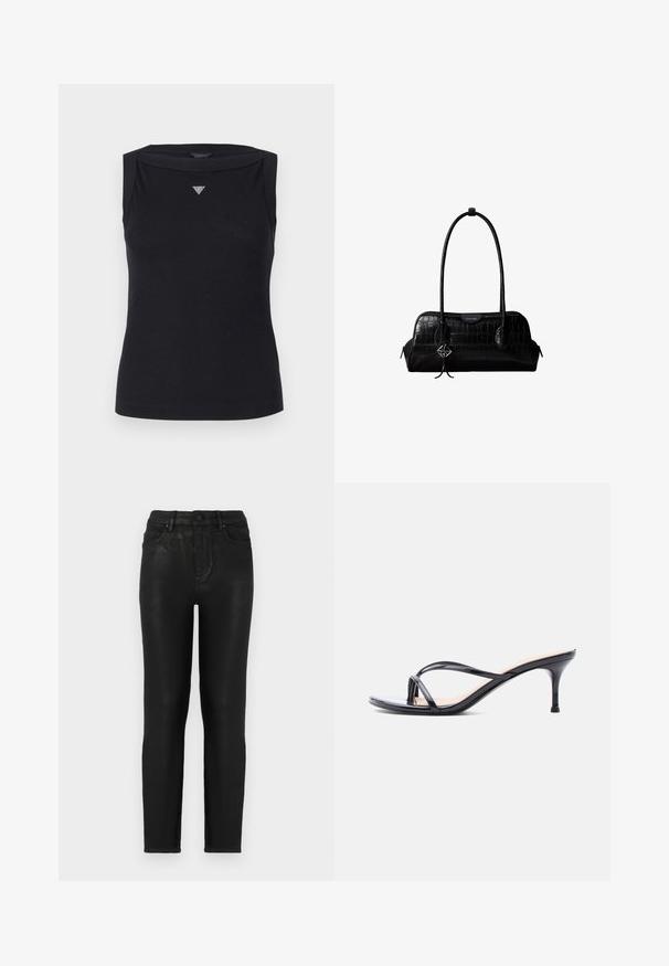 Sort ærmeløs top lavet af bomuld, med bådudskæring og et lille krystal trekantlogo på brystet. Glat tekstur.; Sorte denim jeans med slim fit, der har høj talje, klassisk fem-lomme design og en subtil glans-struktur. Standard frontknaplukning.; Sort laklædersandal med hæl, tynde krydsede remme og en slank mellemhøj stilethæl på en hvid baggrund.; Sort skuldertaske i krokodillelæder med lange stropper og lille sølvlogo-charm på den ene strop.