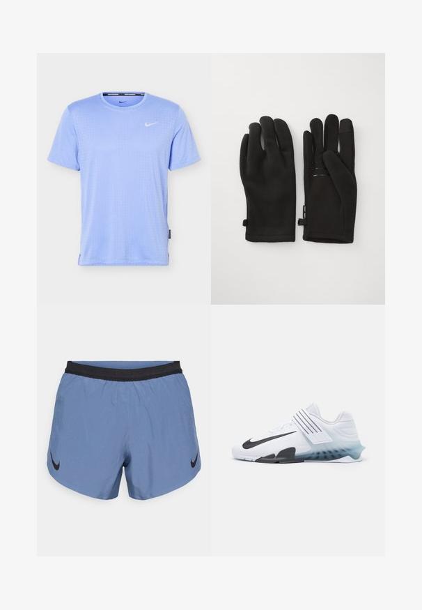 Svetlomodré krátke rukávy bežecké tričko Nike s jemnou bodkovanou textúrou a malým bielym logom Nike swoosh na ľavej strane hrudníka.; Svetlo modré športové šortky s elastickým čiernym pásom, s čiernym logom Nike na ľavej strane a hladkým, ľahkým materiálom.; Biela športová obuv s čiernym logom Nike, sieťovinovým zvrškom, tromi čiernymi pruhmi a gradientnou podrážkou od modrej po priesvitnú. Obsahuje posilnené akcenty.; Čierne rukavice vyrobené z fleecového materiálu majú štruktúrovaný povrch, zakrivený dizajn prstov a elastické akcenty pre tesné uchytenie.