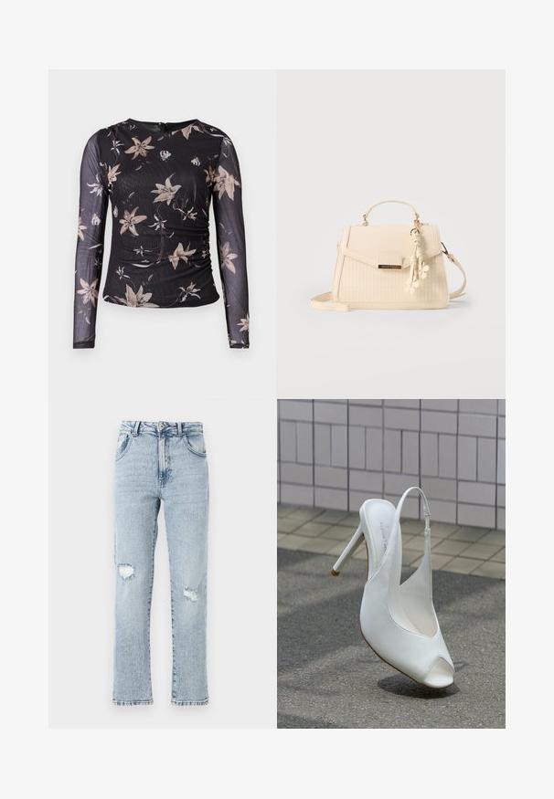 Sort langærmet top med blomsterprint i beige og creme. Har en samlet design og en lynlåslukning bagpå. Fremstillet af et gennemsigtigt, struktureret stof.; Lysblå denimjeans med en afslappet pasform, der har to knærevner, fem lommer og en frynset kant. Knap- og lynlåslukning.; Hvid højhælet slingback-sko med åben tå på fortovet foran en flisebelagt væg, der kaster en skygge på jorden.; Beige struktureret håndtaske med top håndtag, vævet frontpanel, blomster-tassel vedhæng og aftagelig skulderrem, mærket Anna Field.