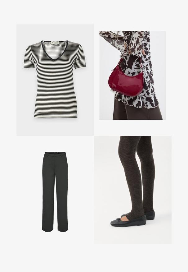 Camiseta de mangas cortas a rayas negras y crema con escote en V, hecha de un material suave. Presenta finas rayas horizontales y una forma ajustada.; Pantalones de pierna ancha en verde oscuro, hechos de tejido suave. Presentan una cinturilla con pasadores para cinturón, bolsillos delanteros y un corte recto.; Piernas con leggings oscuros acanalados combinados con bailarinas negras que presentan pequeños detalles de lazo sobre un fondo blanco.; Mujer con blusa de estampado en blanco y negro sosteniendo un bolso de hombro rojo brillante sobre un fondo liso.