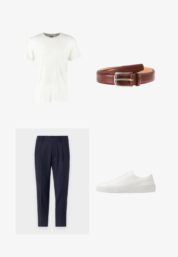 T-shirt blanc à manches courtes avec col rond, fabriqué en tissu léger. Présente une surface texturée et une coupe décontractée. Sans motifs ni accents visibles.; Pantalons bleu marine ajustés, dotés de plis, d'une fermeture à bouton et de poches latérales. Fabriqués dans un tissu lisse avec un léger éclat.; Baskets en cuir blanc avec une finition lisse, bout rond et six œillets pour les lacets. Présente une semelle en caoutchouc texturée et un design minimaliste.; Ceinture en cuir marron avec une texture lisse, dotée d'une boucle en métal argenté et d'un design classique. L'intérieur est beige. Simple et fonctionnelle.