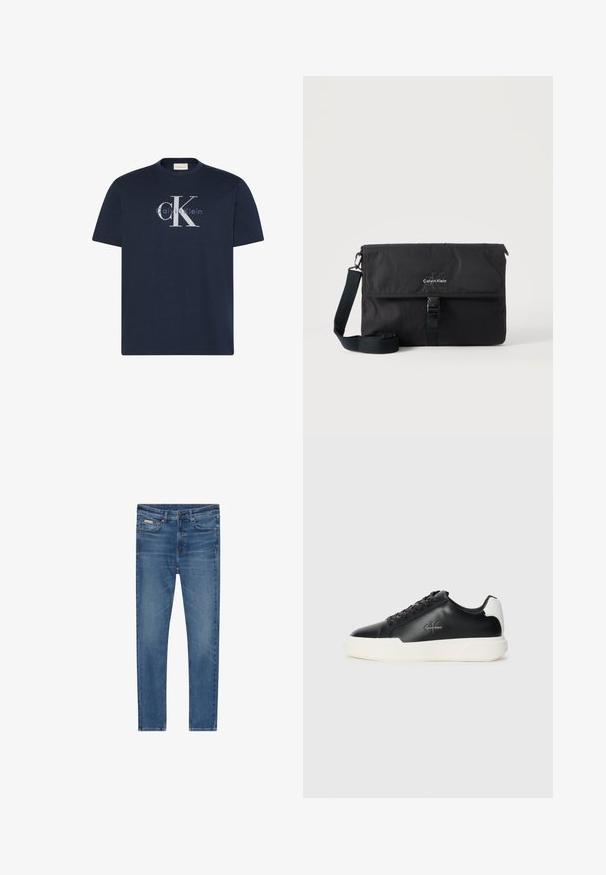 Tmavomodré tričko s krátkym rukávom s logom Calvin Klein, ktoré obsahuje veľké písmená CK a menší text cez hruď.; Modré rifle slim fit, päť vreciek, zapínanie na gombíky a jemné blednutie na stehnách a kolenách.; Čierne kožené tenisky s bielou gumovou podrážkou. Vybavené okrúlym špičkou, dizajnom na šnurovanie a detailom loga na boku. Zadný akcent v bielej farbe.; Čierna messenger taška Calvin Klein s nastaviteľným ramenným remienkom a predným prekrytím zabezpečeným prackou, zobrazená na jednoduchom pozadí.