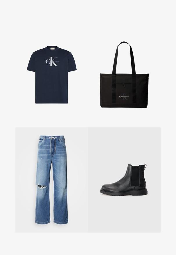Tmavomodré tričko s krátkym rukávom s logom Calvin Klein, ktoré obsahuje veľké písmená CK a menší text cez hruď.; Svetlomodré džíny s voľným strihom, so bielym šnúrkovým pásom a výraznými roztrhnutiami na prednej strane, ktoré odhaľujú rozstrapkané okraje.; Čierne kožené chelsea čižmy s textúrovaným povrchom, elastickými bočnými panelmi a pevným gumovým podpätkom. Diskrétny branding na päte.; Čierna taška Calvin Klein typu tote s dvoma dlhými rúčkami a predným vreckom, s logom značky v bielej a sivej farbe.