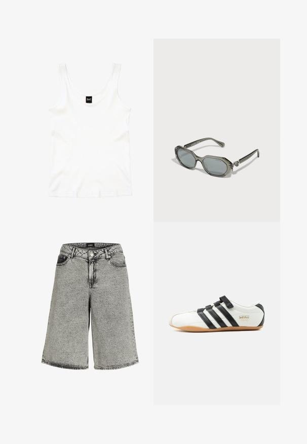Hvid ribbet tanktop med rund halsudskæring og brede skulderstropper, vist fladt på en hvid baggrund.; Denimshorts i falmet sort med løs pasform, der har høj talje, fem-lomme design og synlige syninger.; Hvid Adidas Tokyo sneaker med sorte striber, sorte velcro-stropper og gummisål, vist fra siden på en hvid baggrund.; Grå solbriller med ovale linser og en kraftig ramme. Har sølvfarvede detaljer på stængerne og en glat, blank finish.