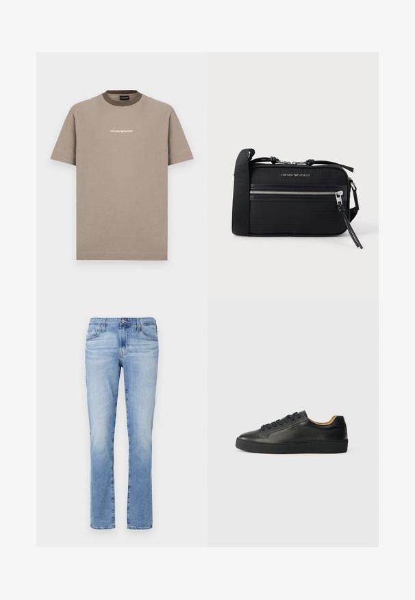 Brun bomulds t-shirt med korte ærmer og rund krave. Har en kontrasterende mørkebrun krave og hvid "EMPORIO ARMANI" logo.; Lyseblå denimjeans med lige ben, med knaplukning, fem lommer og let falmning i stoffet.; Sorte lavtop lædersneakers med tekstureret overflade, sorte snørebånd og tyk gummisål, vist fra siden på en lys baggrund.; Sort nylon crossbody-taske med sølvfarvet hardware, en lynlås i toppen, frontlomme og præget logo. Justerbar rem inkluderet.