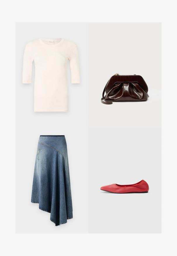 Lyserød kortærmet strikket top med rund halsudskæring og tætsiddende silhuet, vist mod en ensfarvet lys baggrund.; Denim wrap nederdel i lys til mørk blå gradient, med en broderet blomsterdesign på den ene side og synlige stikninger langs kanterne.; Filippa K REY FLATS - Ballerinasko - bright red; Mørkebrun blank læderclutch med plisseret design og en tynd håndledsrem på hvid baggrund.