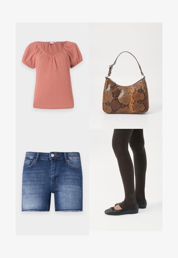 Lyserød top med V-hals og puffærmer. Lavet af ribbet stof, der har en subtil tekstur og en afslappet pasform. Glat, let materiale.; Denimshorts i en mellemblå vask med lige snit. Har slidte områder, en frontlomme og en rå kant forneden.; Ben iført mørke ribbede leggings kombineret med sorte balletsko med små sløjfedetaljer på hvid baggrund.; Lille håndtaske med brun og sort slangeskinn mønster, kort justerbar rem og lynlåslukning.