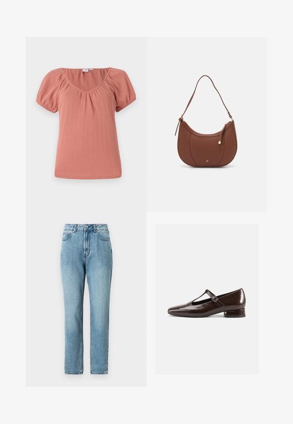 Roosa V-kaelusega särk puhvvarrukatega. Valmistatud ribakanga materjalist, millel on peen tekstuur ja mugav lõige. Sujuv, kerge kangas.; TOM TAILOR DENIM Mom jeans - clean mid stone blue denim; Pruun läikiva nahaga Mary Jane stiilis kingad ümarate esiosade, lõikekujunduse ja reguleeritava rihmaga. Madal plokktald.; Pruun faux nahast õlaline kott, millel on kaarjas kuju, minimaalne õmblemine ja kuldse tooni metallist aksessuaar. Omab ülemist tõmblukku ja reguleeritavat rihma.