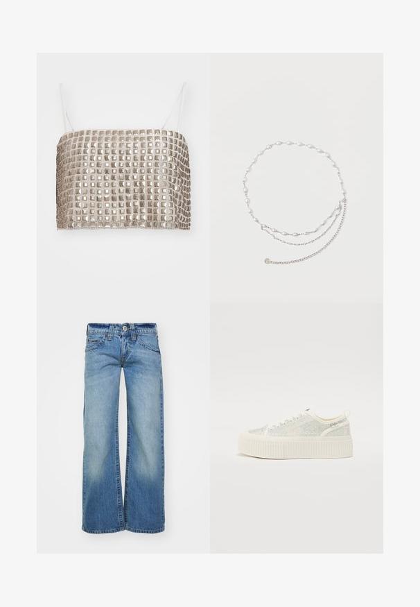 Metalická strieborná crop top s štvorecovými flitrami a tenkými bielymi ramienkami, obdĺžnikový tvar, hladká textúra a rovnomerný mriežkový vzor.; Svetlomodré široké džínsy z denimu, so zvyčajným umytím, piatimi vreckami a gombíkovým zapínaním s pútkami na opasok.; Biele platformové tenisky s textúrovaným zvrškom, ktorý má iridescentné akcenty a hrubú ribbovanú podrážku. Sťahovacie šnúrky a pútko na zadnej strane.; Strieborný náhrdelník s retiazkou ozdobený oválnymi umelými perlami a jemnými očkami, predstavujúci vrstvený dizajn s minimalistickou estetikou.