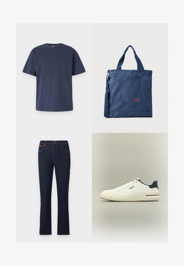 Navyblauwe katoenen T-shirt met een ronde halslijn en korte mouwen. Gladde textuur, rechte snit en minimale naden, wat zorgt voor een klassiek ontwerp.; Donkerblauwe jeans met rechte pijpen, een voorste knoop en rits, voor- en achterzakken en bruine stikseldetails.; Witte lage sneaker met navy hieltab, veters en logo aan de zijkant, met rubberen zool en minimalistisch design.; Blauwe canvas tas met voorvak en rode "O.N.S" borduring, voorzien van dubbele handvatten en een verstelbare schouderriem.
