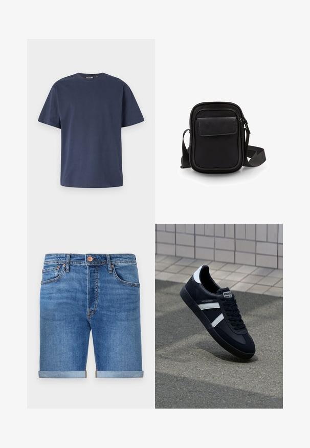 Mørkeblå bomulds T-shirt med rund halsudskæring og korte ærmer. Glat tekstur, lige snit og minimale sømme, hvilket giver et klassisk design.; Denim shorts i en mellemmel tone med opkrøllede manchetter, fem-lomme design, messingknaplukning og kontraststing.; Sort lædersneaker med hvide striber, tekstureret gummisål og snørrebånd foran. Har et brandet mærke på tungen.; Sort skuldertaske med tekstureret læderklap, rektangulær form, justerbar rem, lynlåslukning og glat stoffinish.