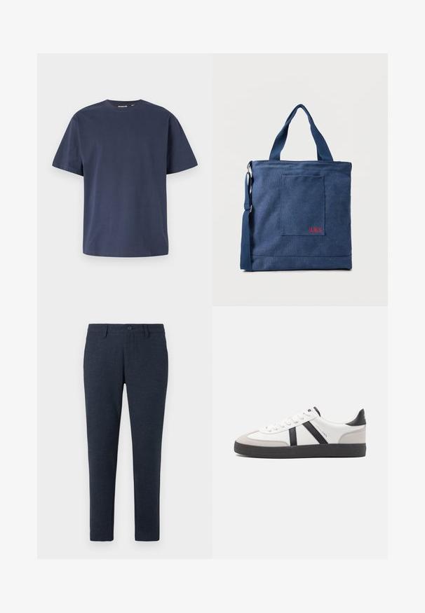 Camiseta de algodón azul marino con cuello redondo y mangas cortas. Textura suave, corte recto y costuras mínimas, ofreciendo un diseño clásico.; Pantalones oscuros de corte slim de color azul marino con pasadores para cinturón, botón frontal y bolsillos delanteros, exhibidos sobre un fondo blanco.; Zapatilla blanca con acentos en negro y gris, que presenta una puntera texturizada en gris, suela de goma negra y cordones planos blancos. Diseño limpio, estilo minimalista.; Bolso tote de lona azul con bolsillo frontal y bordado rojo "O.N.S", con asas dobles y una correa ajustable para el hombro.