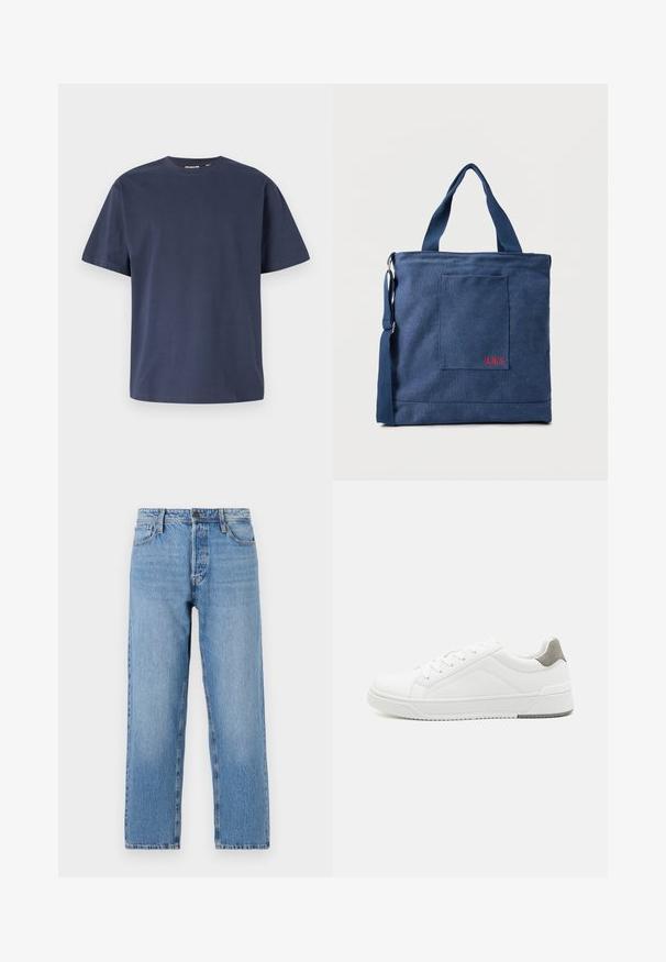 Navyblauwe katoenen T-shirt met een ronde halslijn en korte mouwen. Gladde textuur, rechte snit en minimale naden, wat zorgt voor een klassiek ontwerp.; Lichtblauwe denim jeans met een recht beenontwerp, voorzien van een knoop- en ritsluiting, vijf zakken en subtiele vervaging.; Witte sneaker van glad leer met een ronde neus, minimalistisch ontwerp, grijze hielaccent en een geplaatste rubberen zool.; Blauwe canvas tas met voorvak en rode "O.N.S" borduring, voorzien van dubbele handvatten en een verstelbare schouderriem.