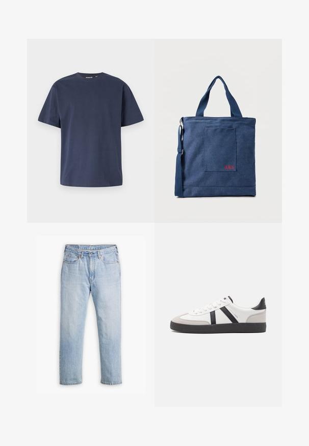 Navyblauwe katoenen T-shirt met een ronde halslijn en korte mouwen. Gladde textuur, rechte snit en minimale naden, wat zorgt voor een klassiek ontwerp.; Lichtblauwe denim jeans met een recht model, vijf zakken en contrasterende stiksels. Knopen- en ritssluiting bij de taille.; Witte sneaker met zwarte en grijze accenten, voorzien van een grijze neus met textuur, zwarte rubberen zool en platte witte veters. Schoon ontwerp, minimalistische stijl.; Blauwe canvas tas met voorvak en rode "O.N.S" borduring, voorzien van dubbele handvatten en een verstelbare schouderriem.