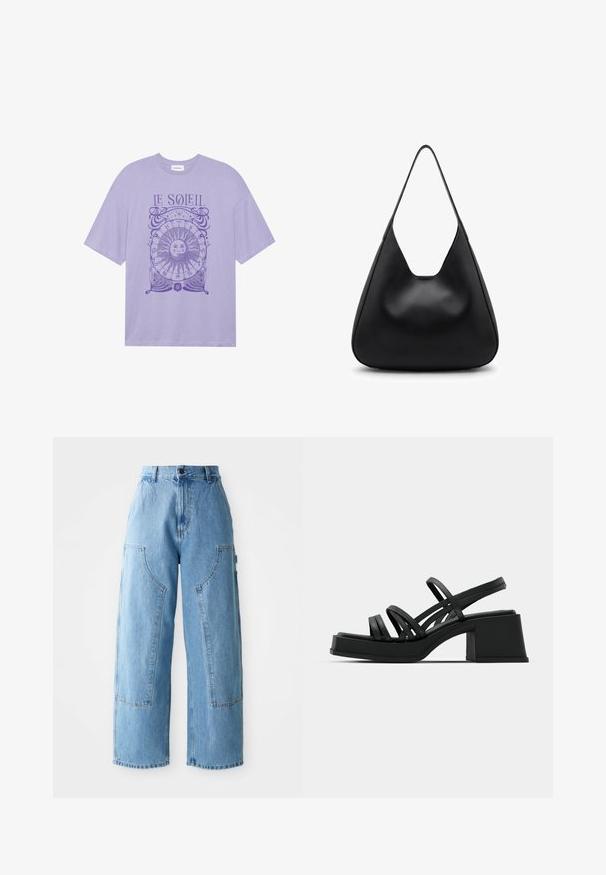 Lilla bomulds T-shirt med korte ærmer, der har et cirkulært solgrafik og teksten "LE SOLEIL" i lilla blæk på forsiden.; Lysblå højtaljede brede denim bukser med store frontlomme og synlige stikninger på en hvid baggrund.; Sorte hælede sandaler med flere tynde stropper og en bred blokhæl. Slank design med en mat overflade. Sålens fodbed har en let kurve.; Sort læderhåndtaske med en glat tekstur, trekantet form og en bred enkel strop. Har en udskæring øverst for nem adgang.