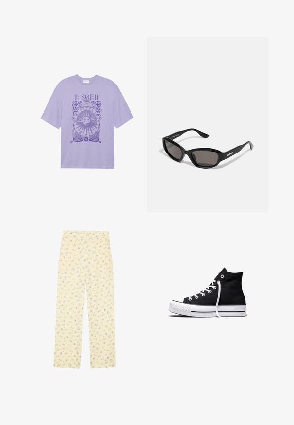 Camiseta de algodón morada con mangas cortas, presenta un gráfico circular del sol y el texto "LE SOLEIL" en tinta morada en el frente.; Pantalones de pierna ancha amarillos claros con un patrón floral en azul. Cintura elástica, textura suave y corte recto diseñado para la comodidad.; Zapatilla alta de lona negra con suela de goma blanca y cordones blancos, vista de lado sobre un fondo blanco.; Gafas de sol negras con montura rectangular, lentes oscuros, material de plástico suave y un acento metálico en la patilla.