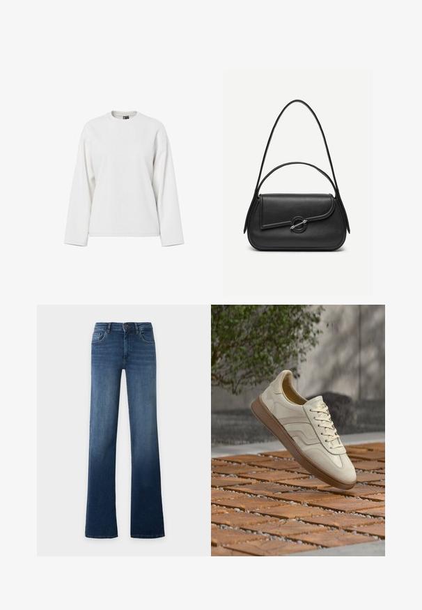 Weißes Sweatshirt mit langen Ärmeln, runder Ausschnitt, lockerer Passform und weicher Textur. Keine sichtbaren Muster oder Hardware-Details.; Blaue High-Waist-Jeans mit geradem Bein, Knopf- und Reißverschluss, Vorder- und Gesäßtaschen, auf schlichtem, hellem Hintergrund dargestellt.; Sneaker in cremefarben mit einer strukturierten, beigen Gummisohle, schnürungsdesign und dezentem Branding an der Seite. Glattes Lederobermaterial.; Schwarze Lederhandtasche mit abgerundeten Kanten, asymmetrischem Überschlag, metallfarbenem runden Verschluss und kurzen sowie langen Schulterriemen.