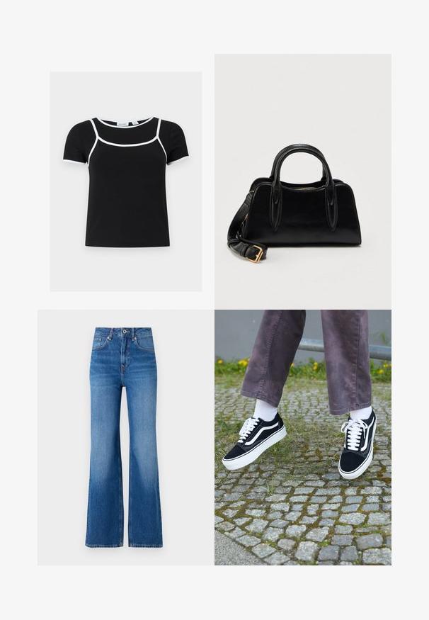 Μαύρο κοντομάνικο crop top με λευκή περίγραμμα που τονίζει το ντεκολτέ, την περιοχή του στήθους και τις άκρες των μανικιών, τοποθετημένο επίπεδα σε ανοιχτό φόντο.; Μπλε τζιν παντελόνι με φαρδιά πόδια και ψηλή μέση, με φερμουάρ, κλείσιμο με κουμπί και διακριτική φθορά κατά μήκος των ποδιών.; Μαύρα σουέτ sneakers με λευκές λεπτομέρειες, διαθέτοντας στρογγυλή μύτη, παχύ λευκό πέλμα και κλασικό σχέδιο με κορδόνια, φορεμένα με λευκές κάλτσες και μωβ παντελόνι.; Μαύρη δερμάτινη τσάντα χειρός με διπλές λαβές και αποσπώμενο ιμάντα ώμου με χρυσή πόρπη, τοποθετημένη σε απλό λευκό φόντο.