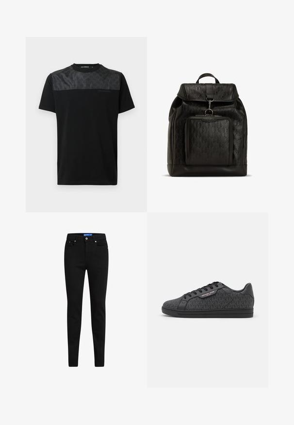 Zwart T-shirt met korte mouwen, voorzien van een getextureerde grijze paneel aan de bovenkant voor, met een gedetailleerd logo en een ronde hals.; Zwarte skinny jeans van denim, met een vijf-pocket ontwerp, knoopsluiting en contrasterend blauw label op de tailleband.; Zwarte sneakers met een textuur bovenwerk van stof met een subtiel MK-patroon, zwarte leren accenten en een zwarte rubberen zool.; Zwarte leren rugzak met een gegraveerd geometrisch patroon, een trekkoord aan de bovenkant, een voorvak met rits en metalen hardware accenten.