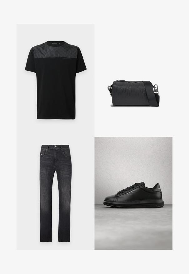 Zwart T-shirt met korte mouwen, voorzien van een getextureerde grijze paneel aan de bovenkant voor, met een gedetailleerd logo en een ronde hals.; Donkere grijze denim jeans met een rechte pasvorm, voorzien van vijf zakken, een knoopsluiting en subtiele vervaagde details langs de pijpen.; Persoon die zwarte Karl Lagerfeld sneakers draagt met een zwarte broek, staand op een houten parketvloer tegen een witte gepaneelde muur.; Zwarte cilindrische crossbodytas met geperst geometrisch patroon en brede verstelbare schouderband tegen een witte achtergrond.